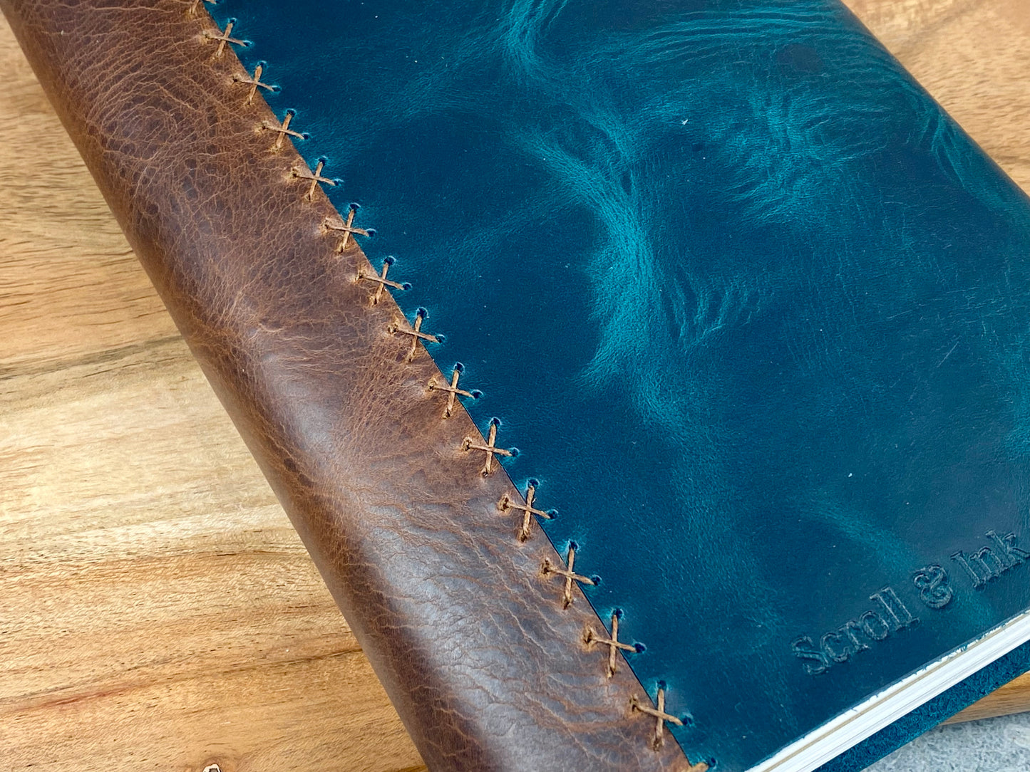 A5 Refillable Leather Journal, Premium Cowhide, Turquoise and Walnut