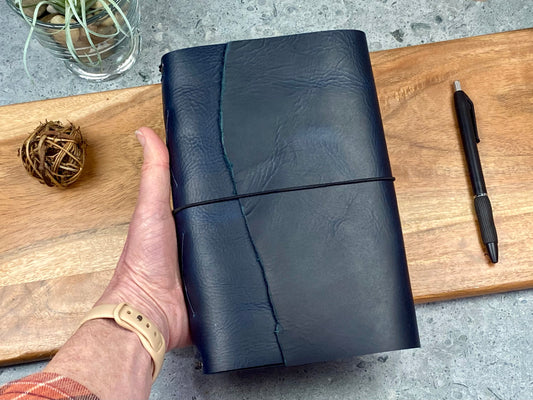 A5 Refillable Leather Journal, Premium Cowhide, Deep Sapphire