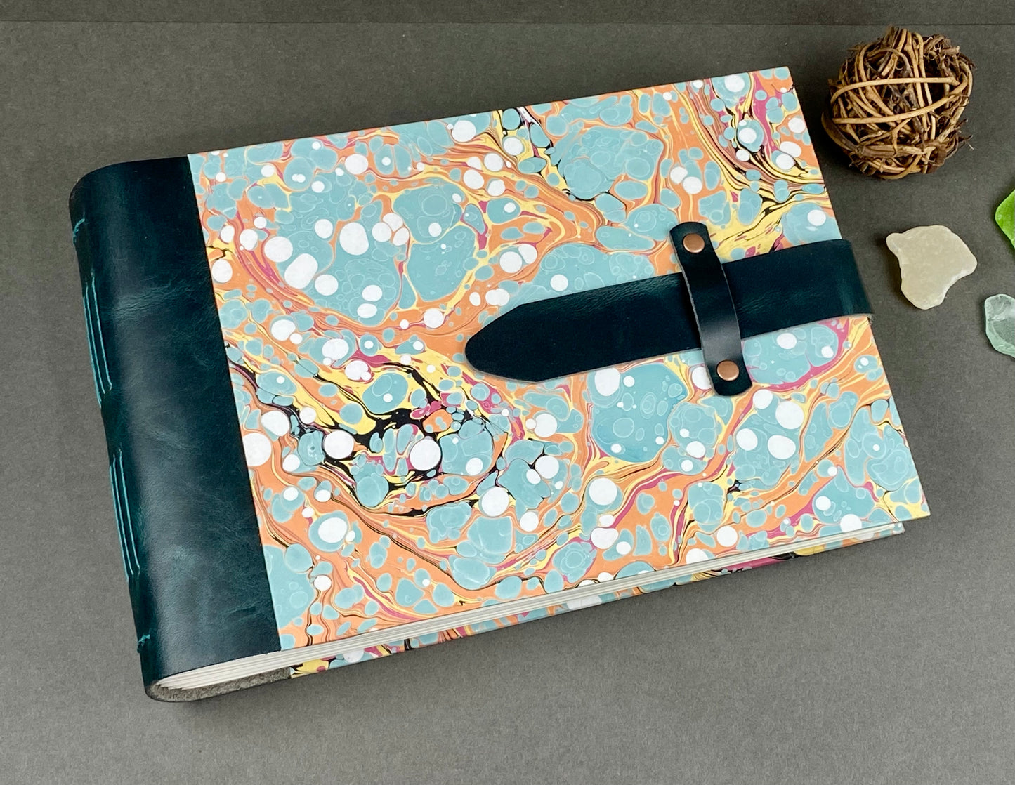 6x9 Marbled Photo Album, Hardcover with Leather Spine