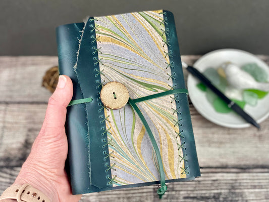 5x7 Leather Journal/Sketchbook, Peacock with Marbled Panel and Coconut Button