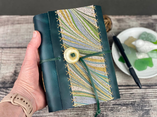5x7 Leather Journal/Sketchbook, Peacock with Marbled Panel and Yellow Jade