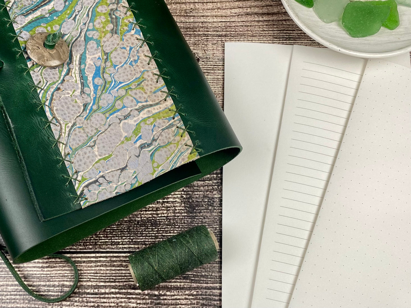 Large Emerald Leather Journal/Sketchbook with Marbling