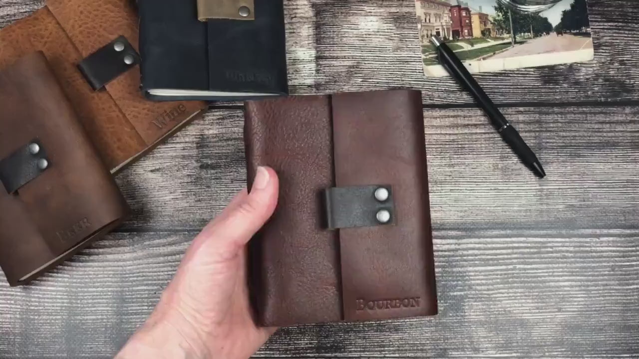 Whiskey, Bourbon, Wine or Beer, Refillable Tasting Notes in Pecan Bison Leather