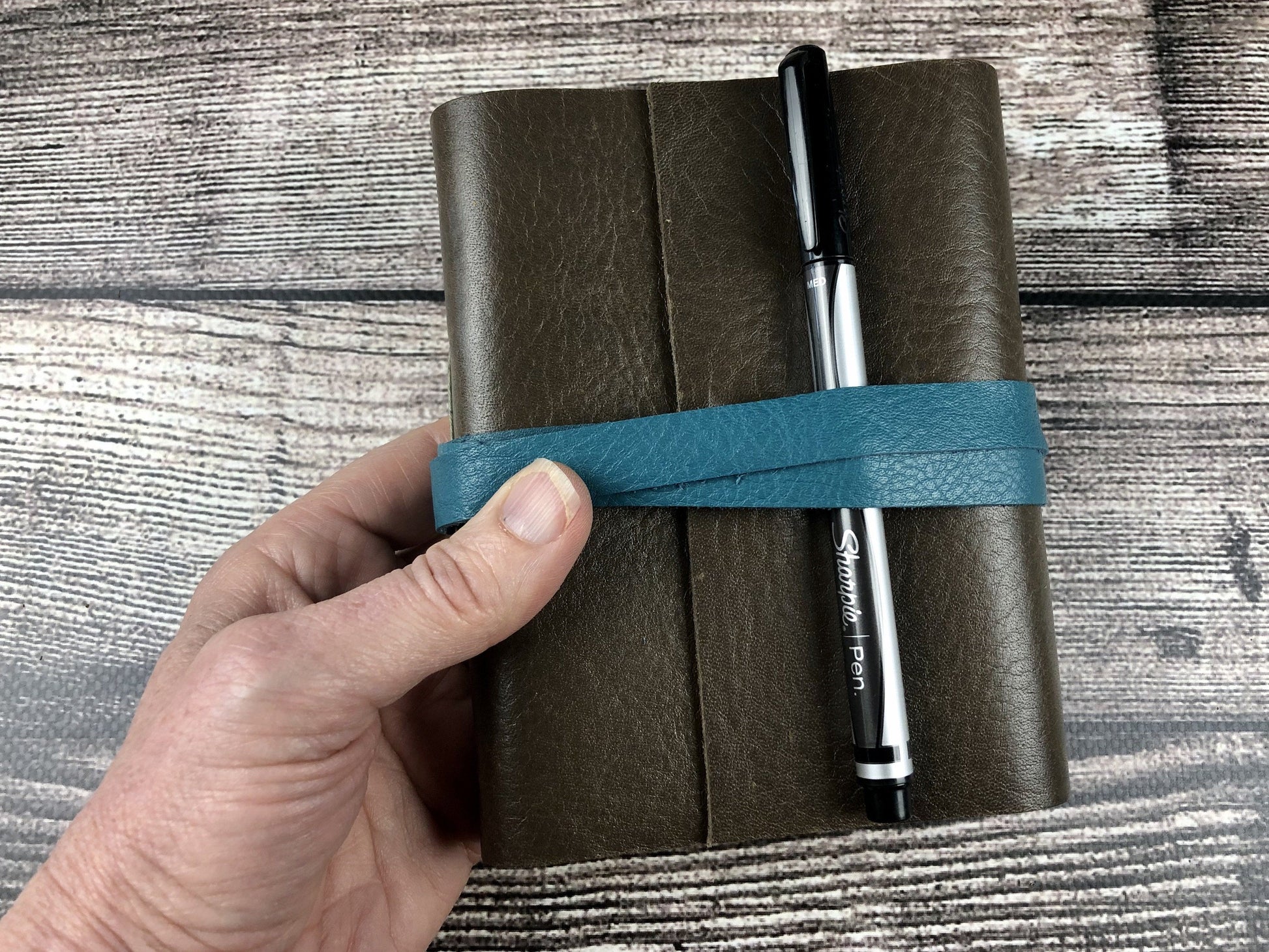 Brown Leather Journal with Teal leather journal Scroll & Ink 