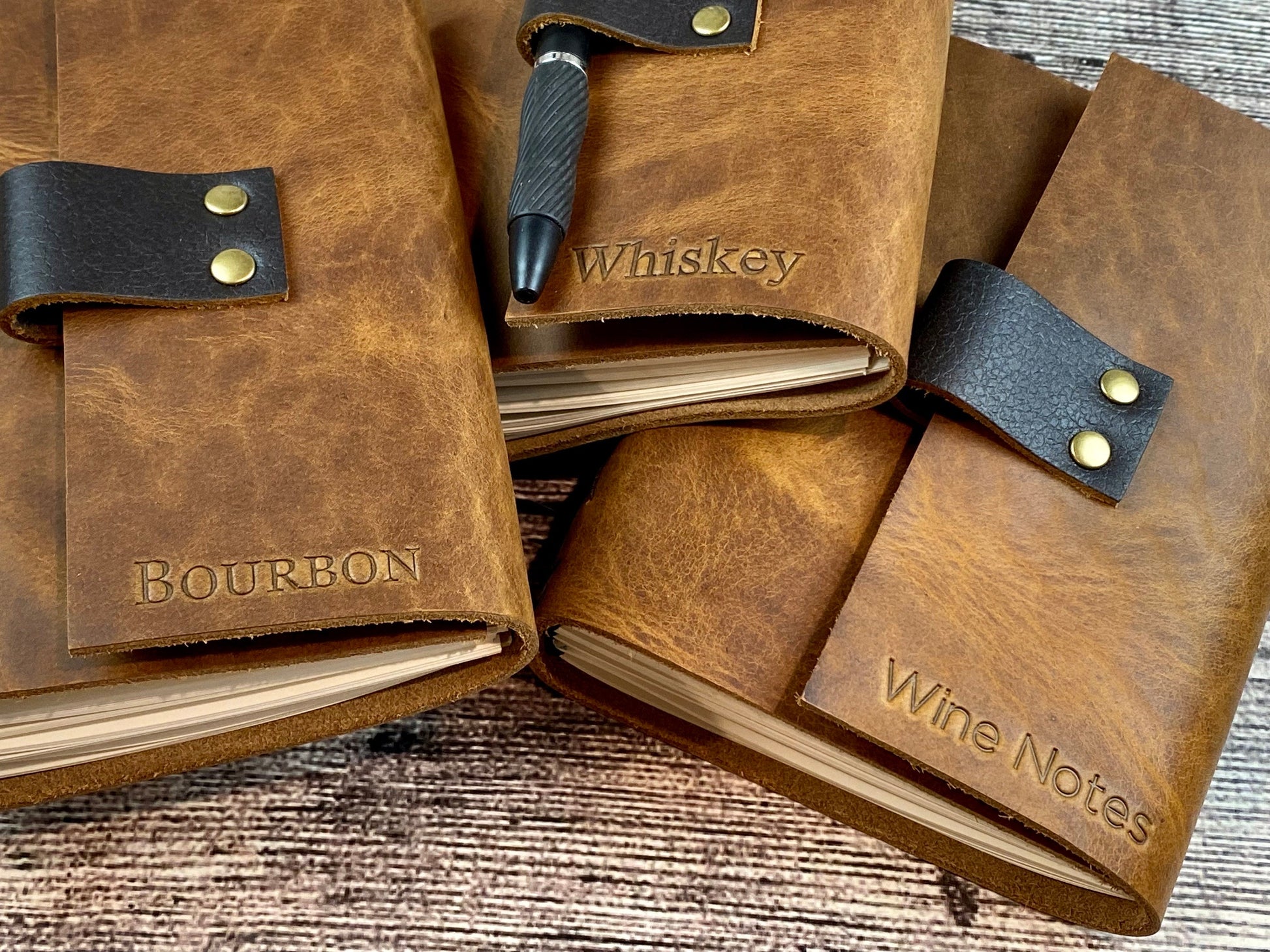 Whiskey, Bourbon, Wine or Beer, Refillable Tasting Notes in Pecan Bison Leather