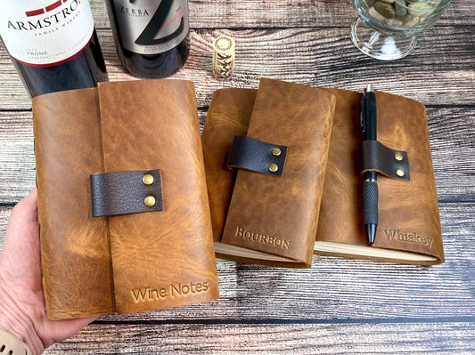 Whiskey, Bourbon, Wine or Beer, Refillable Tasting Notes in Pecan Bison Leather