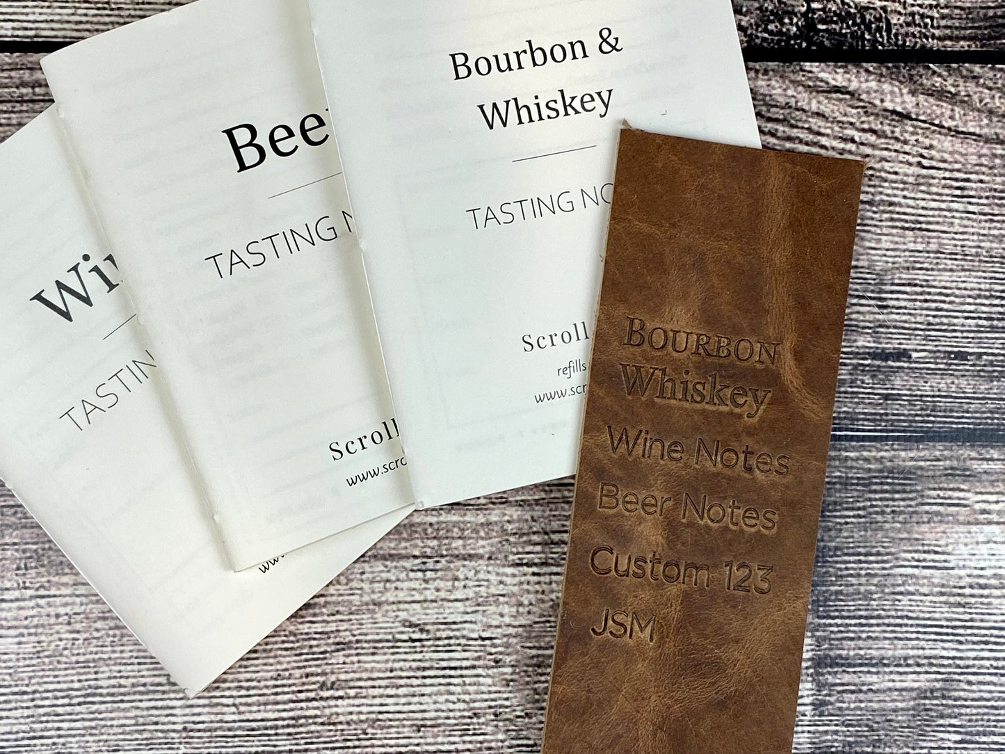 Whiskey, Bourbon, Wine or Beer, Refillable Tasting Notes in Pecan Bison Leather