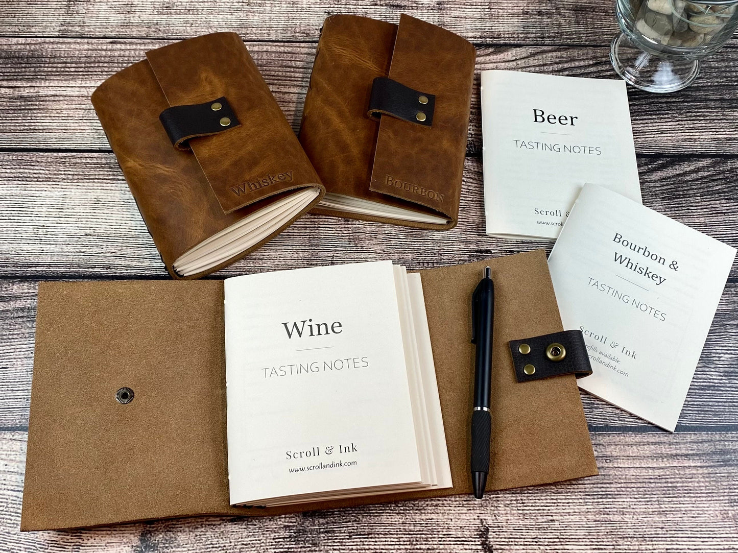 Whiskey, Bourbon, Wine or Beer, Refillable Tasting Notes in Pecan Bison Leather