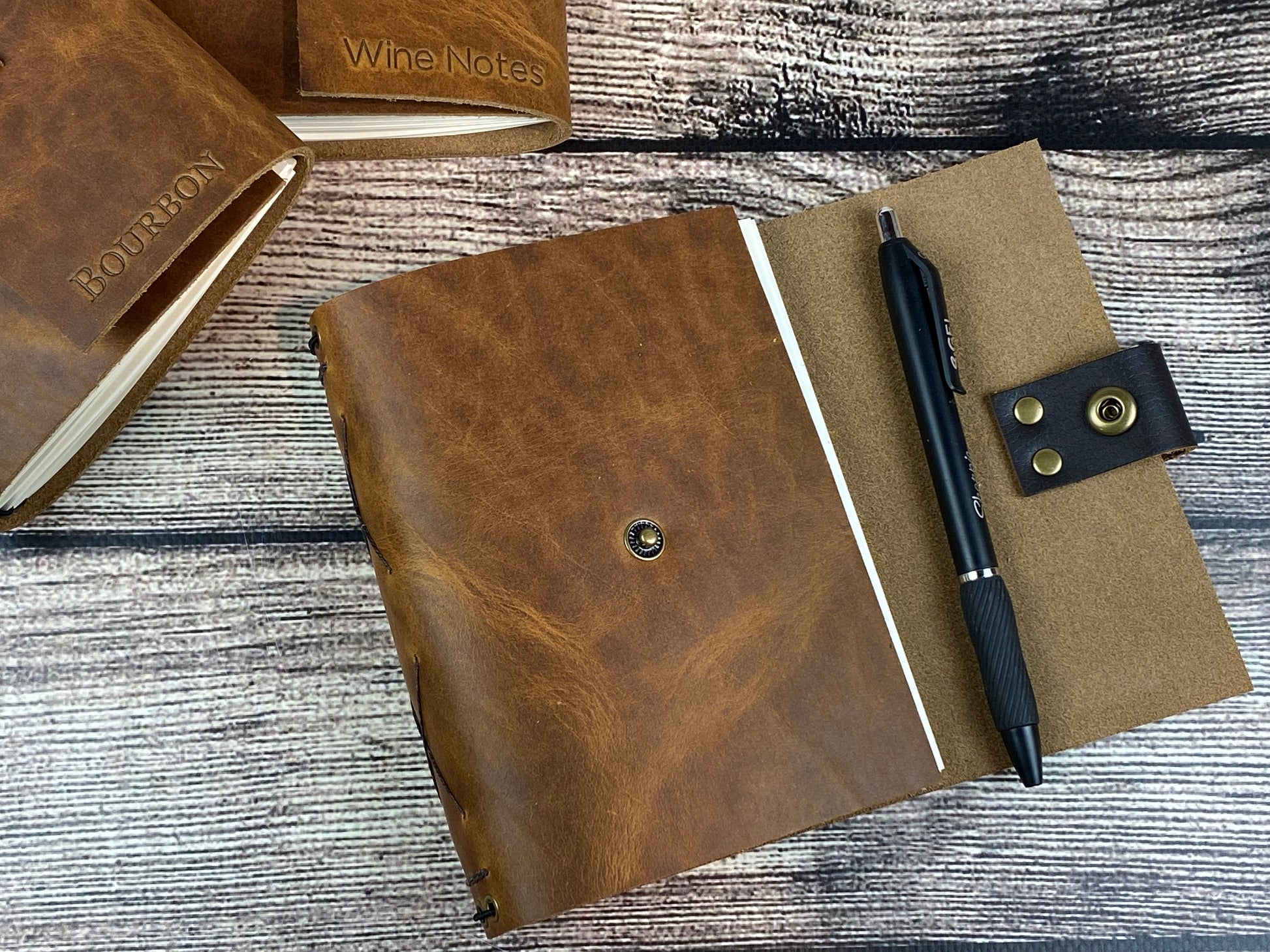 Whiskey, Bourbon, Wine or Beer, Refillable Tasting Notes in Pecan Bison Leather